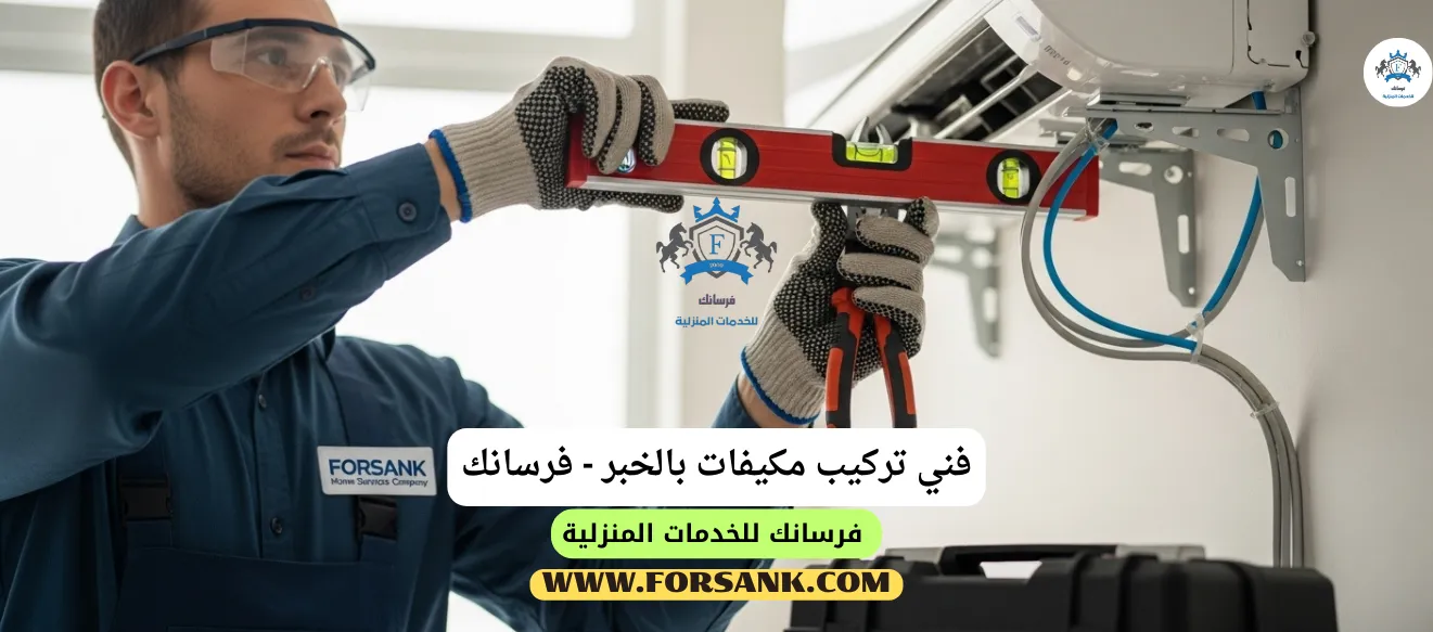 فني تركيب مكيفات سبليت بالخبر - دقة وسرعة في العمل فني محترف من شركة فرسانك يثبت الوحدة الداخلية لمكيف سبليت بالخبر